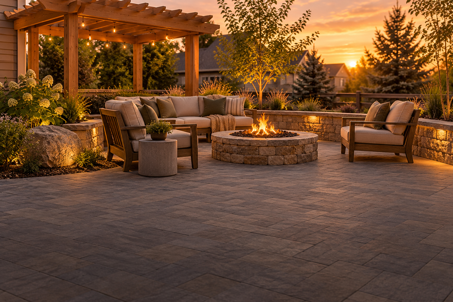 Landscape concept showing a paver patio, outdoor seating and a pergola